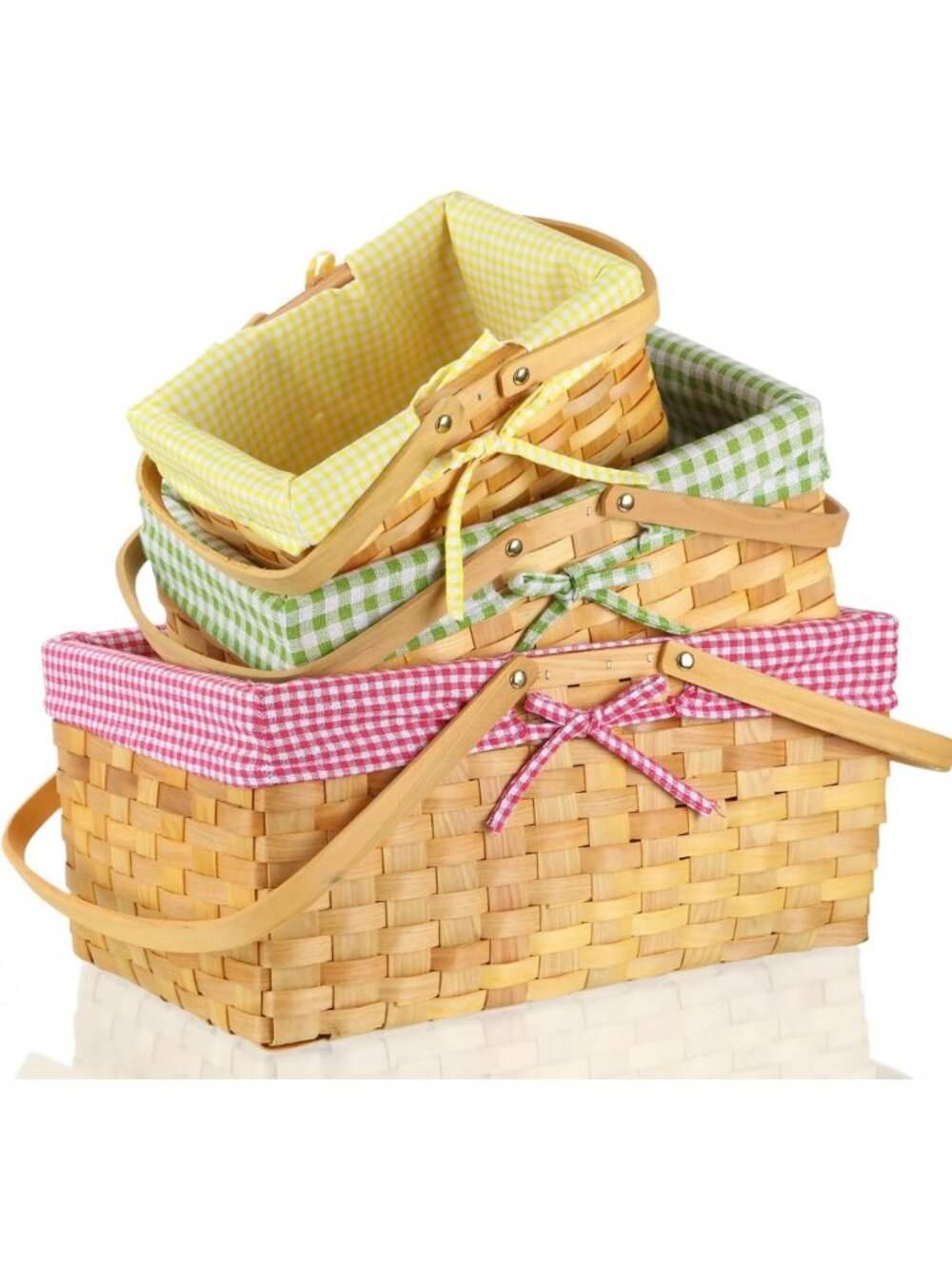 Set of 3 Picnic Baskets with Handles - Rustic Woven, Gingham Liner, Perfect for
